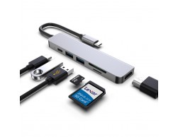Контроллер HUB USB 3.2 Gen1 Type-C VCOM CU4371 (HDMI 4K@30Hz, USB3.0 2шт, USB Type-C, TF, SD/MicroSD, PD) серый, Пенза.
